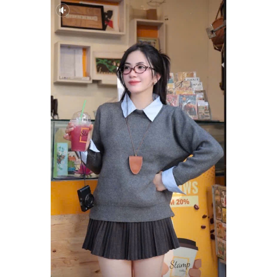 Áo len nữ cổ sơ mi phối màu xanh hàng QC chất len mềm mịn đi học đi chơi đi làm pc Hàn Quốc - LAROSA