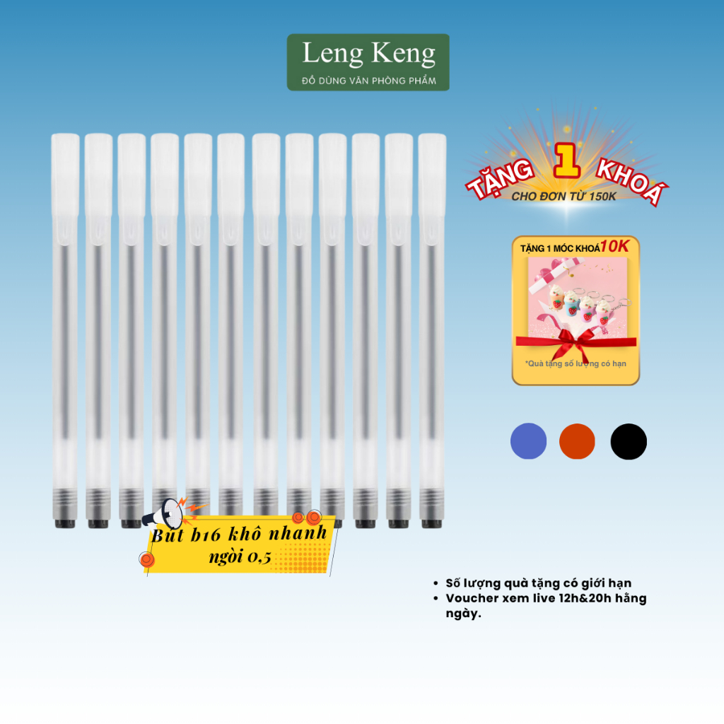 Combo 10 Bút bi nước mực gel ngòi 0.5mm khô nhanh viết chữ đẹp B16 LENG KENG VĂN PHÒNG PHẨM