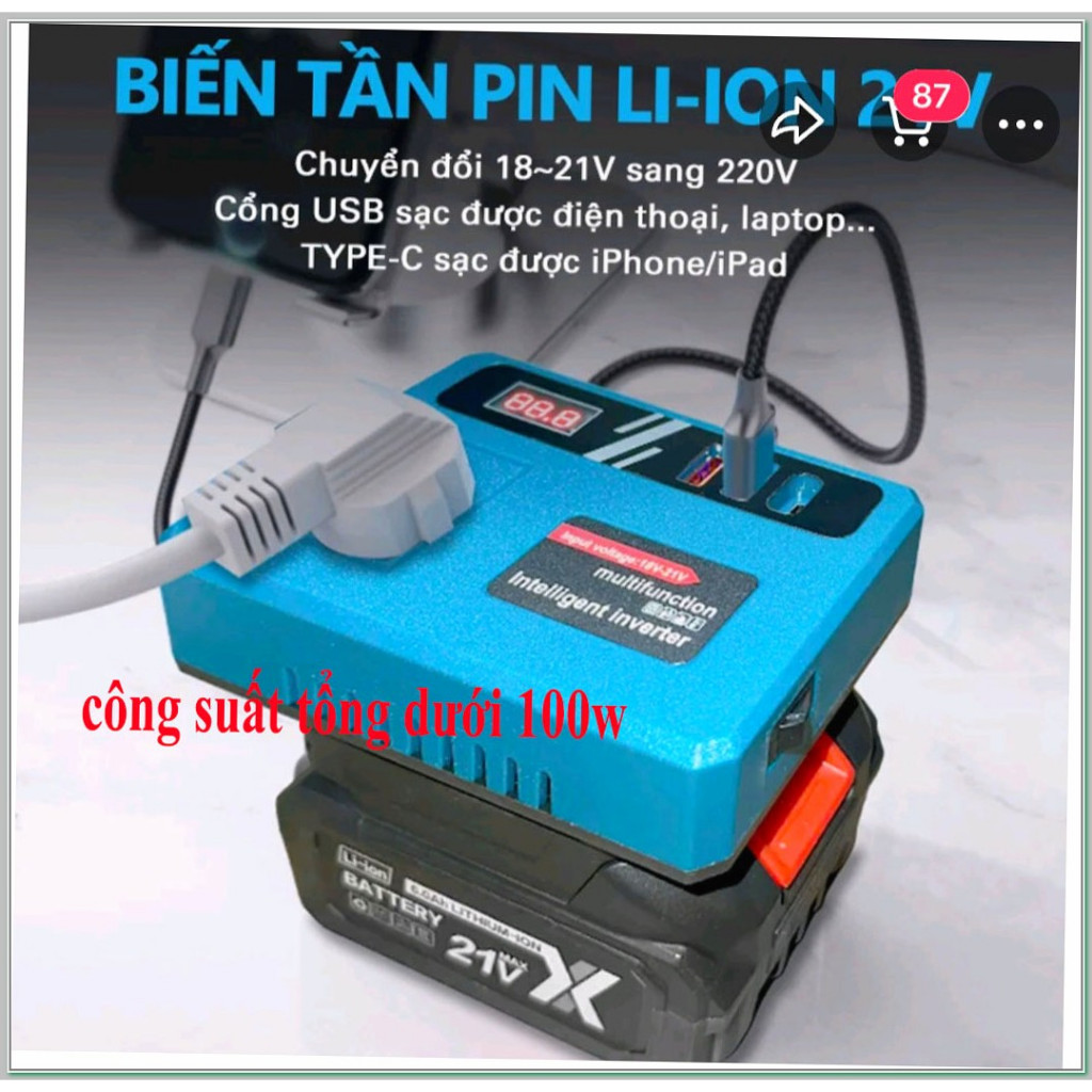 BỘ CHUYỂN ĐỔI NGUỒN ĐIỆN TỪ PIN 21V LÊN 110V - 220V  CHÂN PIN PHỔ THÔNG 4CM workfix