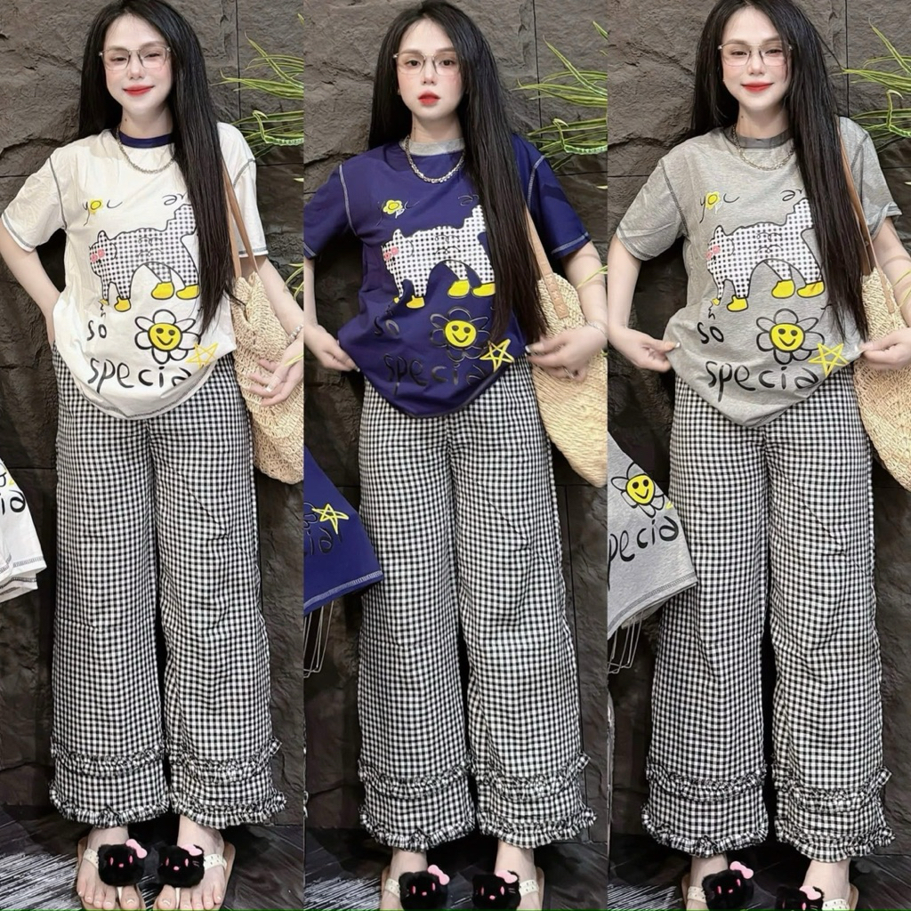 Set Bộ Cún Hoa Xinh Xắn Quần Suông Caro Bèo - HN CLOSET