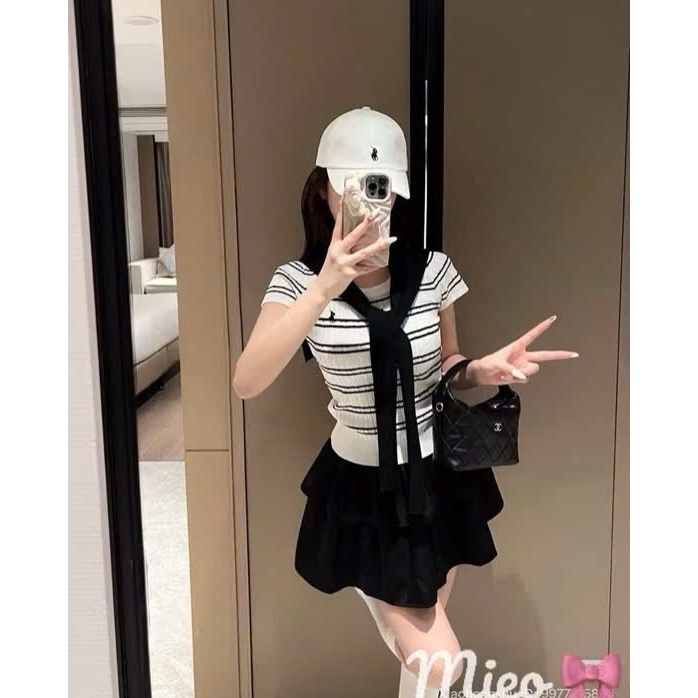 Áo len ngắn tay cổ tròn sọc ngang nữ, form ôm body, chất len gân co giãn Hàn Quốc (không kèm khăn)TH3 | BigBuy360 - bigbuy360.vn