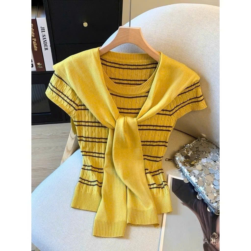 Áo len ngắn tay cổ tròn sọc ngang nữ, form ôm body, chất len gân co giãn Hàn Quốc (không kèm khăn)TH3 | BigBuy360 - bigbuy360.vn