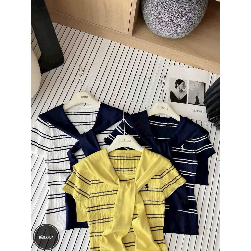 Áo len ngắn tay cổ tròn sọc ngang nữ, form ôm body, chất len gân co giãn Hàn Quốc (không kèm khăn)TH3 | BigBuy360 - bigbuy360.vn