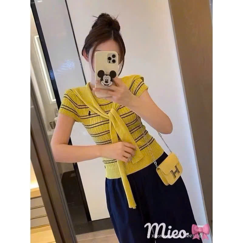Áo len ngắn tay cổ tròn sọc ngang nữ, form ôm body, chất len gân co giãn Hàn Quốc (không kèm khăn)TH3 | BigBuy360 - bigbuy360.vn
