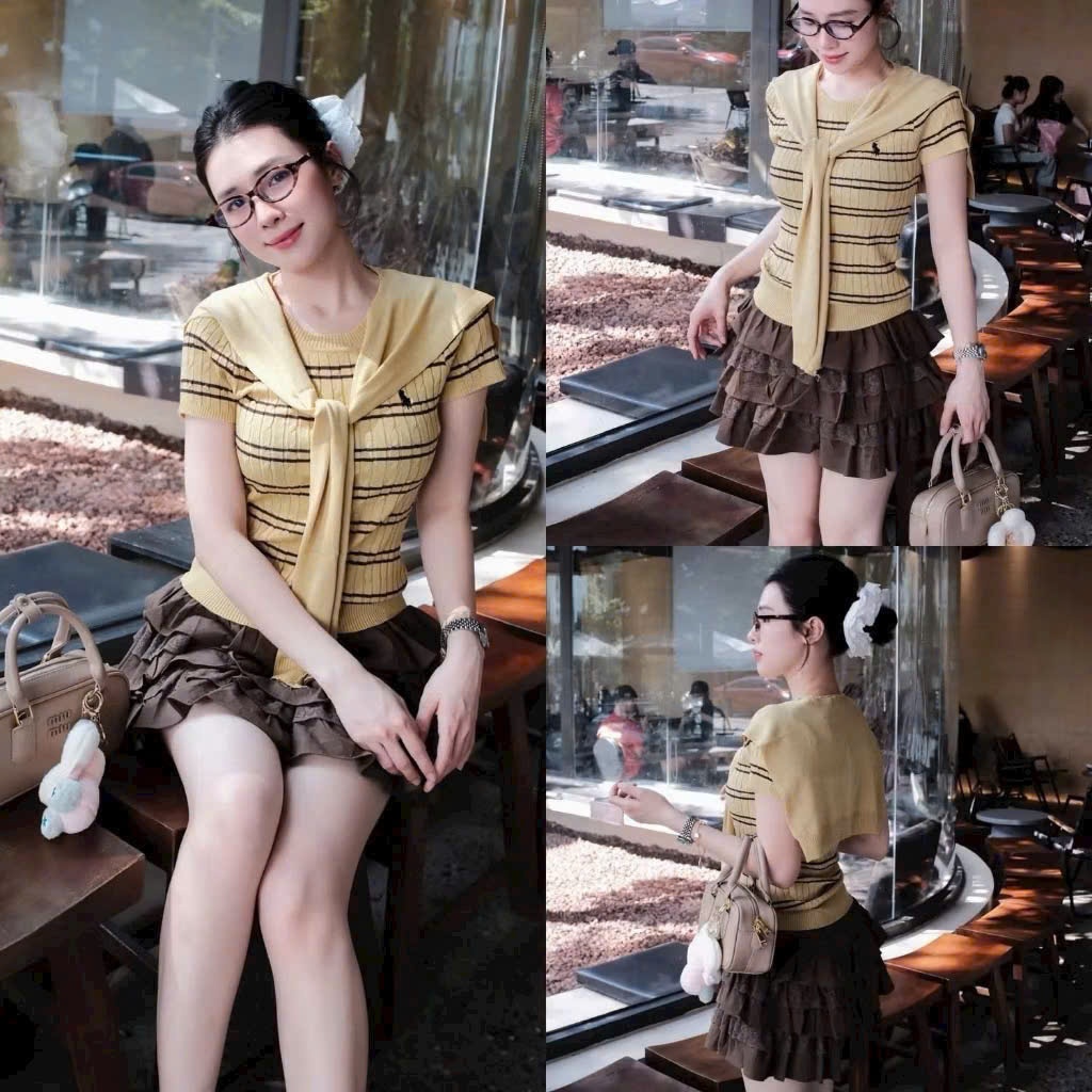 Áo len ngắn tay cổ tròn sọc ngang nữ, form ôm body, chất len gân co giãn Hàn Quốc (không kèm khăn)TH3 | BigBuy360 - bigbuy360.vn