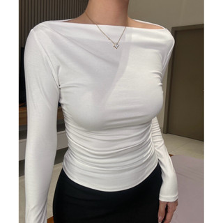 A046- Áo thun zip nhập, cổ thuyền, nhún eo, tay dài, ôm body Nữ Top