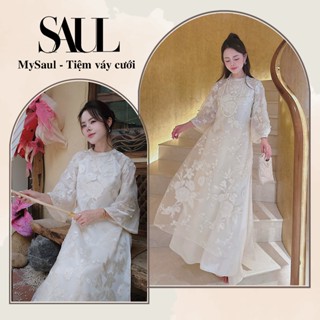  Áo Dài Cách Tân Dáng Suông Voan Thêu Hoa Nổi Trắng Ngà Sang Trọng – Tiệm Váy Cưới MySaul 