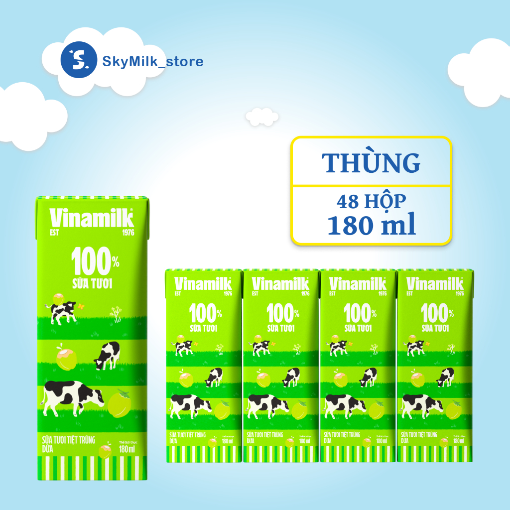 Vinamilk - Thùng 48 Hộp 180ml -Sữa Tươi Tiệt Trùng 100% Vị Dừa Vinamilk-Sữa Tươi Tiệt Trùng Vinamilk