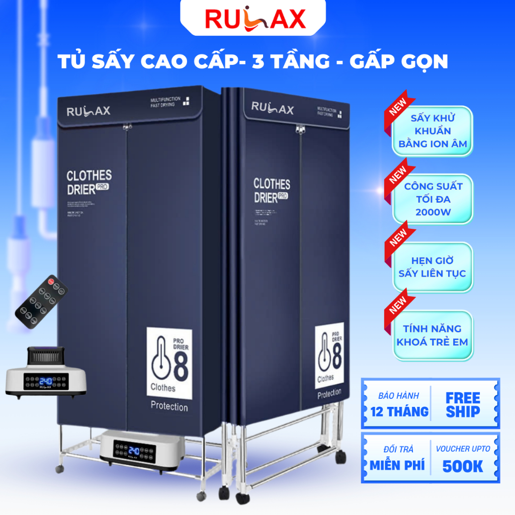 Tủ Sấy Quần Áo RULAX 3 Tầng, Sấy Được 30kg, Có Thể Gấp Gọn Đa Năng, Có Điều Khiển Từ Xa|BH 12 Tháng|