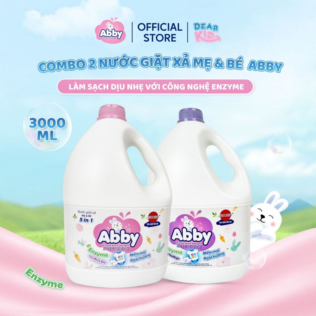 Combo 2 Nước Giặt Xả ABBY 3000ML Dịu Nhẹ Cho Da Nhạy Cảm 5 Trong 1 Enzyme Thực Vật Làm Mềm Sợi Vải