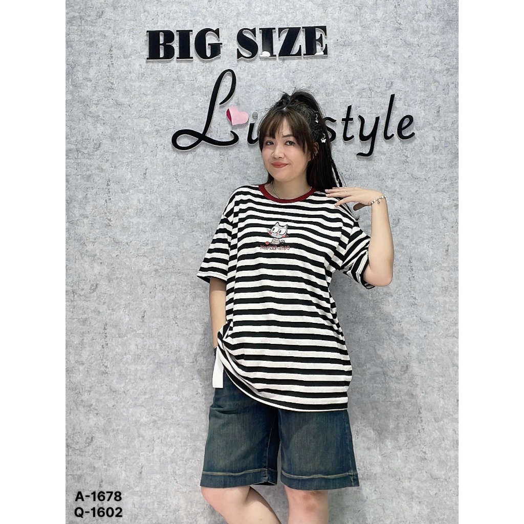 SALE-- Áo thun BIGSIZE QC OVS sọc cổ tròn sọc thêu Meo- giữa- 1678