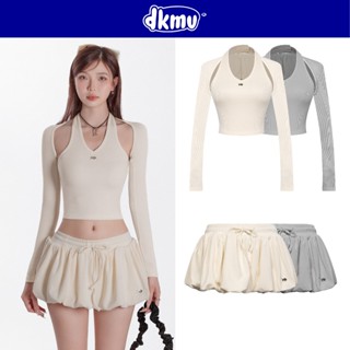 Set đồ nữ áo cổ yếm và chân váy bí DKMV kèm áo ngoài dài tay thắt dây nơ logo inox màu kem, xám Gwyneth Set | K-SET7