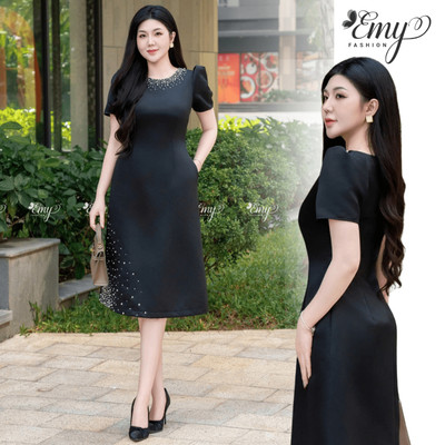 Đầm Suông Đen EMY EM9579 Vải Phi Thiết Kế Cao Cấp Cổ Tròn Tay Ngắn Thanh Lịch Sang Trọng Đi Tiệc Nữ