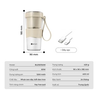 Máy Xay Cầm Tay Elmich BLE-9215 (Xay Khô, Xay Sinh Tố, Dung Tích 400ml, Công Suất 60W, Pin 1200mAh)