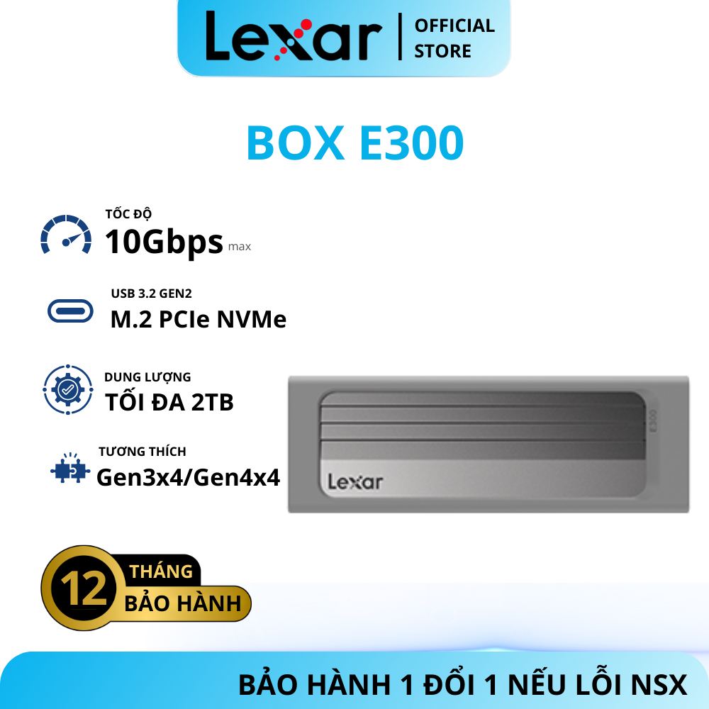 Box SSD Lexar E300 M.2 Nvme Enclosure hỗ trợ USB 3.2 Gen 2, Tốc độ cao 10Gbps, Bảo hành chính hãng 1