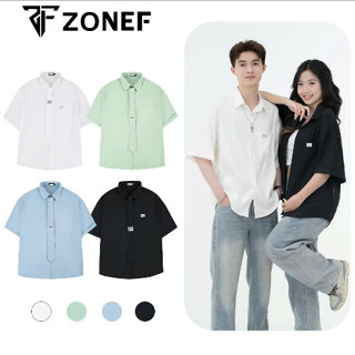  Áo Sơ Mi Nam Ngắn Tay Phối Cà Vạt Oversize  Áo Sơ Mi Nam Caravat Form Rộng Basic Phong Cách Hàn Quốc-By ZONEF 