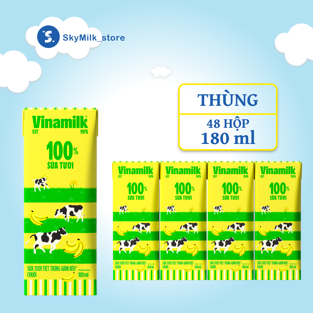 Vinamilk - Thùng 48 Hộp 180ml – Sữa Tươi Tiệt Trùng 100% Giảm Béo Vị Chuối Vinamilk - Sữa Vinamilk