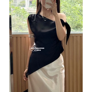 Áo lụa lệch vai thắt nơ xếp eo basic thanh lịch - Áo lụa cột vai tà chéo
