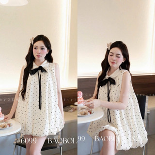 [V1.1066] Váy Babydoll Chấm Bi Dáng Bí Phồng Cổ Sen Đính Nơ Hàng 2 Lớp Form Xoè Bồng