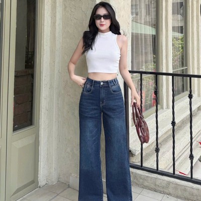 Quần jean ống suông rộng thêu tim chất jean 4 chiều dài 96cm Callene (XK832)