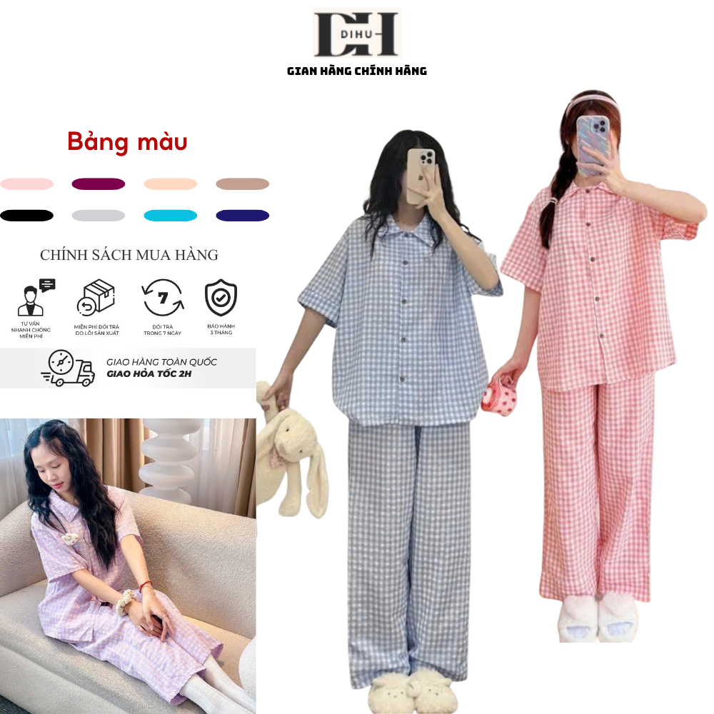  Bộ ngủ dài nữ mặc nhà DIHU vải đũi nhăn xốp kẻ caro sét đồ nữ đi chơi mặc nhà thu đông có big size 