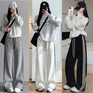 Quần Nỉ Nữ MIAA Dáng Suông ống rộng kẻ 3 sọc dáng dài màu đen xám bigsize nỉ 2da không xù cao cấp