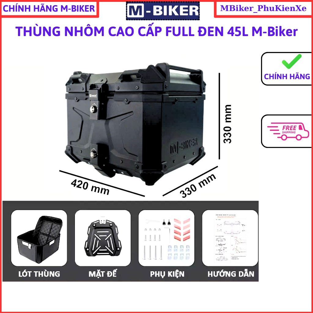 M-Biker_ Thùng nhôm 45L, thùng nhôm xe máy, 18l 22l 28l 35L 36l 45l 55L 65L, thùng nhôm Mbiker