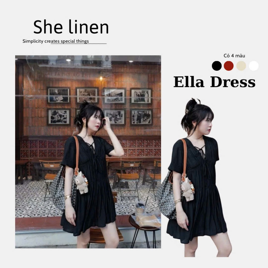 ELLA DRESS – Đầm Babydoll Cổ V Xoè Tầng Freesize Nữ Dễ Thương She Linen