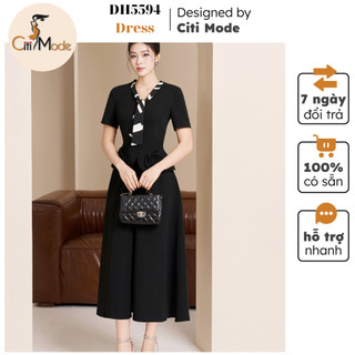 Đầm công sở CITI MODE FASHION thiết kế Đầm xòe đen peplum nơ cổ hoa 2 bên DH5594 