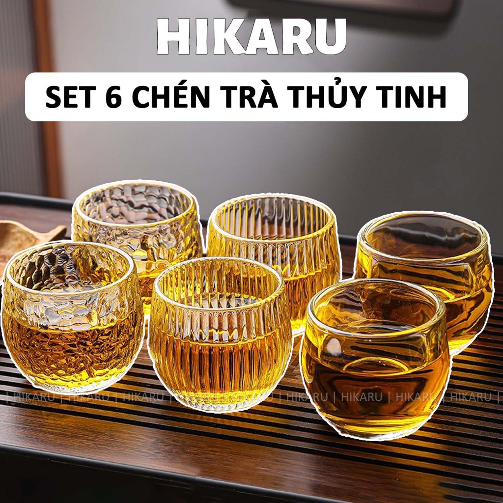 [Set 6] Chén Trà Thủy Tinh HIKARU Dáng Tròn 3 Hoa Văn Cao Cấp Dung Tích 100ml DT250900101