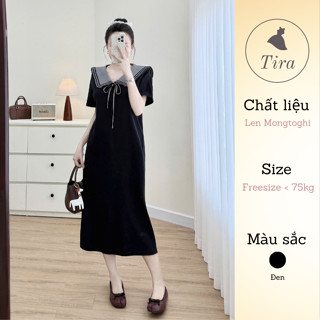 Váy suông bầu dáng dài TIRA MAMA M241 Váy len mtg Váy len bầu cổ nơ thủy thủ