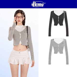 Set áo ba lỗ kèm áo khoác thắt nơ DKMV màu xám và trắng phối nút cài ngọc trai siêu đáng yêu Joy Top | K-T25