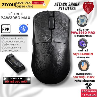 Chuột Gaming Không Dây Ziyou Attack Shark R11 Ultra Sợi Carbon Siêu Nhẹ, Cảm Biến PAW3950MAX, App
