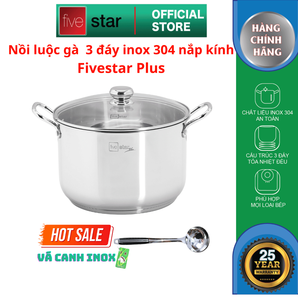 Nồi luộc gà 3 đáy inox 304 cao cấp Fivestar Plus nắp kính size 28cm | 30cm , dùng được mọi bếp , tặn