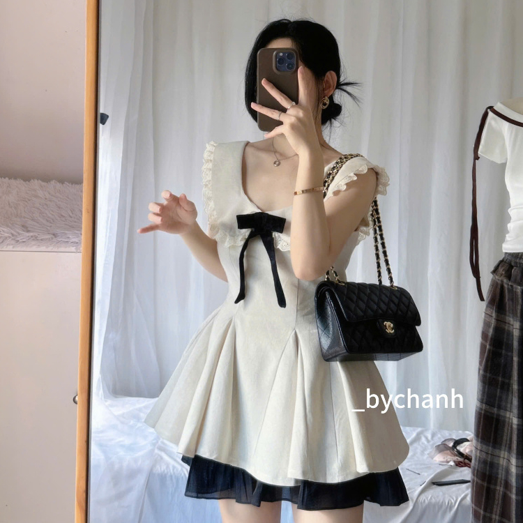 𝐛𝐲𝐂𝐡𝐚𝐧𝐡 - Đầm Linen Xòe Nơ Đen