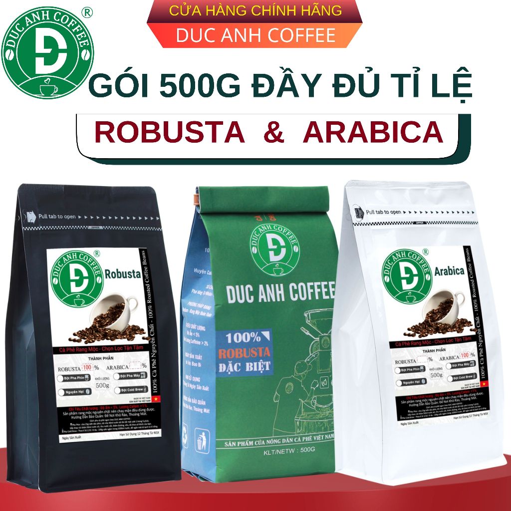 Túi 500g Cà Phê Rang Mộc đủ thành phần Robusta & Arabica Pha Phin, Pha Máy, Nguyên Hạt từ cà phê nguyên chất Đức Anh