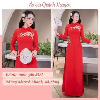  Áo dài đỏ áo dài nữ lụa mỹ thêu thủ công màu đỏ tươi cao cấp sang trọng Áo dài Quỳnh Nguyễn MÃ TK181 
