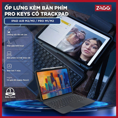 Ốp lưng iPad kèm bàn phím ZAGG Pro Keys with Trackpad iPad A16 Air/Pro 10.9" 12.9" M2 M3 M4 M5, BH 12Thang
