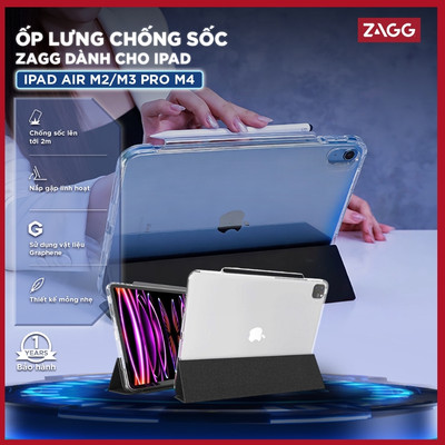 Ốp lưng iPad trong suốt ZAGG Crystal Palace Folio dành cho iPad Pro M4 2024/Air M2 2024/10.9/12.9/11 inch, BH 1 năm