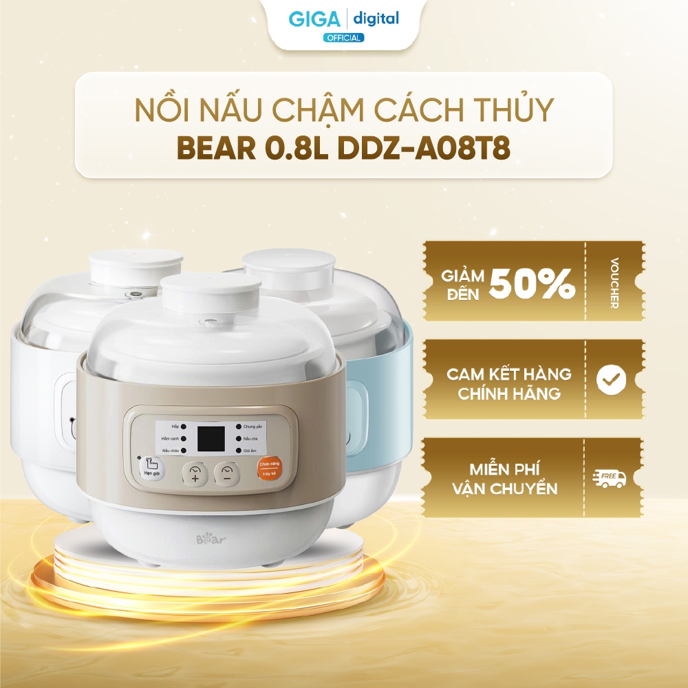 Nồi nấu chậm Bear 0.8L DDZ-A08T8 - Công suất 200W - 5 chế độ nấu tự động - Hẹn giờ linh hoạt lên tới