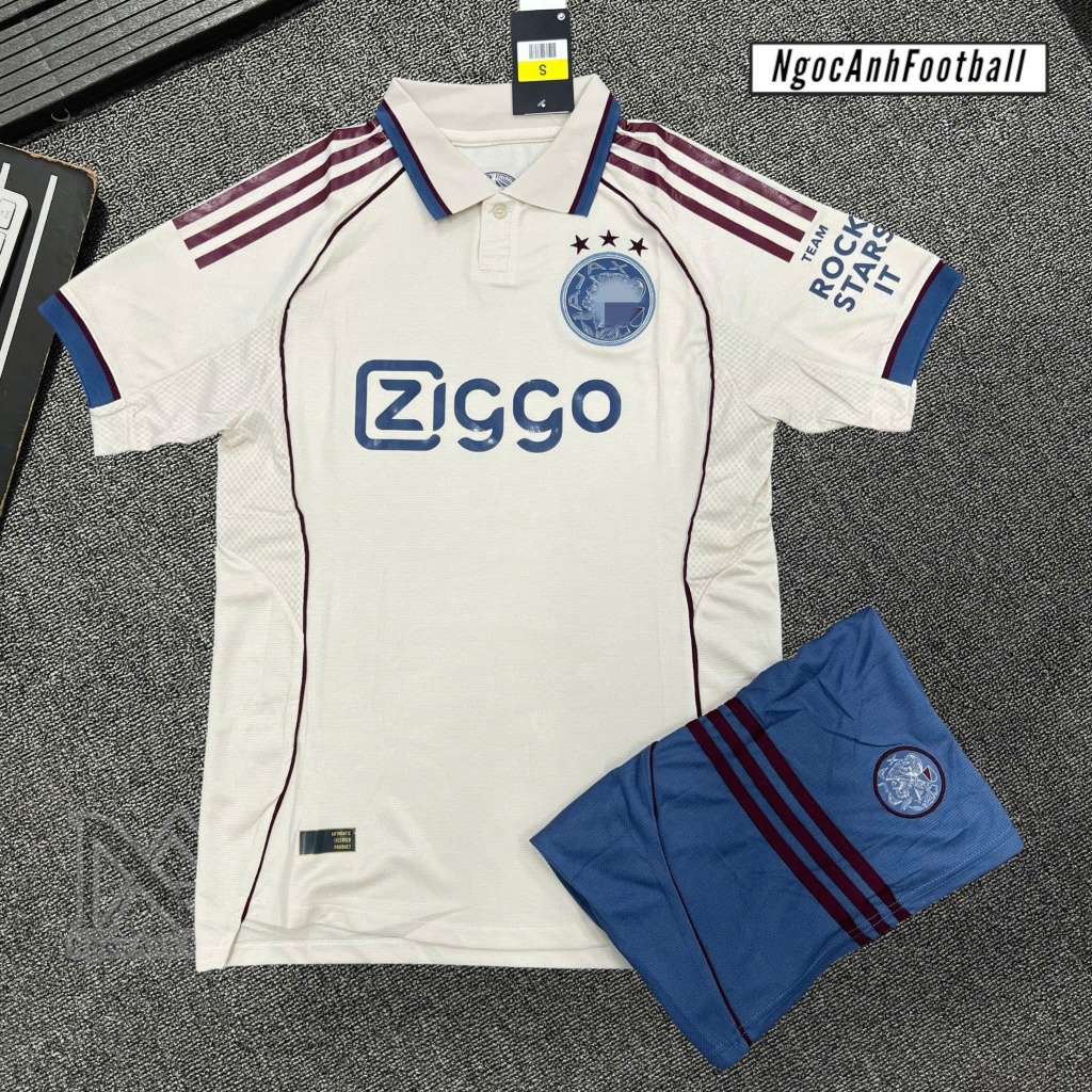 Áo Bóng Đá Ajax Sân Khách Mùa Giải 2024-2025 - Áo Đấu Ajax Trắng Kem Xanh Ziggo Cao Cấp