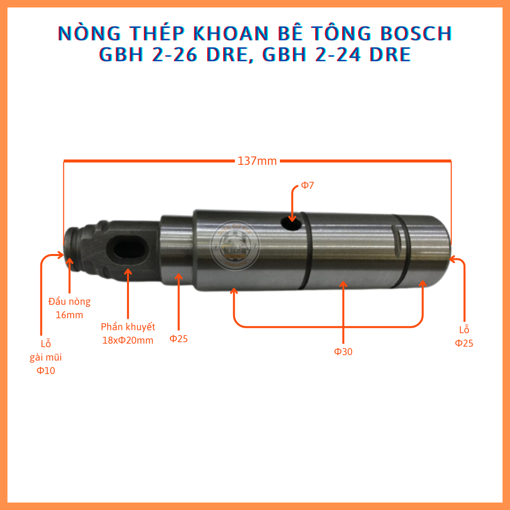 Nòng thép gài mũi máy khoan BOSCH GBH 2-26 DRE, GBH 2-24 DRE TRƠN (Dàì 137mm)