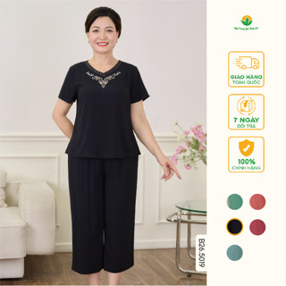 Bộ mặc nhà trung niên Việt Thắng chất Lanh tole quần lửng, áo cộc tay cổ V thêu -  B26.5019