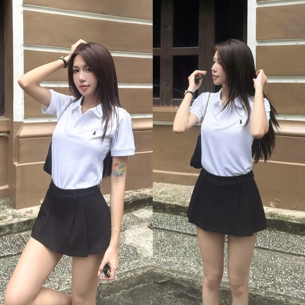 Áo polo nữ tay ngắn HHVINTAGE kiểu polo nút cài logo thun cotton co dãn ko nhăn 4 chiều Top A49 | BigBuy360 - bigbuy360.vn