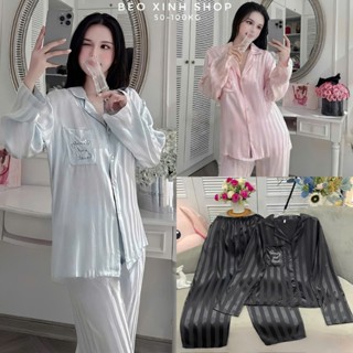 Đồ Bộ - Đồ Ngủ Tay Dài Vải Chất Gấm Sọc Thêu Cao Cấp Sang Chảnh Bigsize 50-100kg Bộ Ngủ Nữ Béo Xinh Shop - A.5641