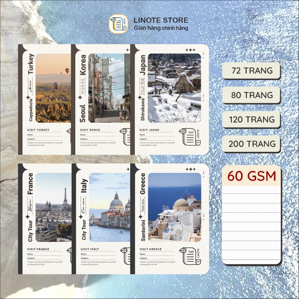 Vở kẻ ngang Linote Phong cảnh Thế giới Travel, 72-80-120-200 trang, giấy 60gsm, KT 17,5x25cm, vở học sinh, sinh viên