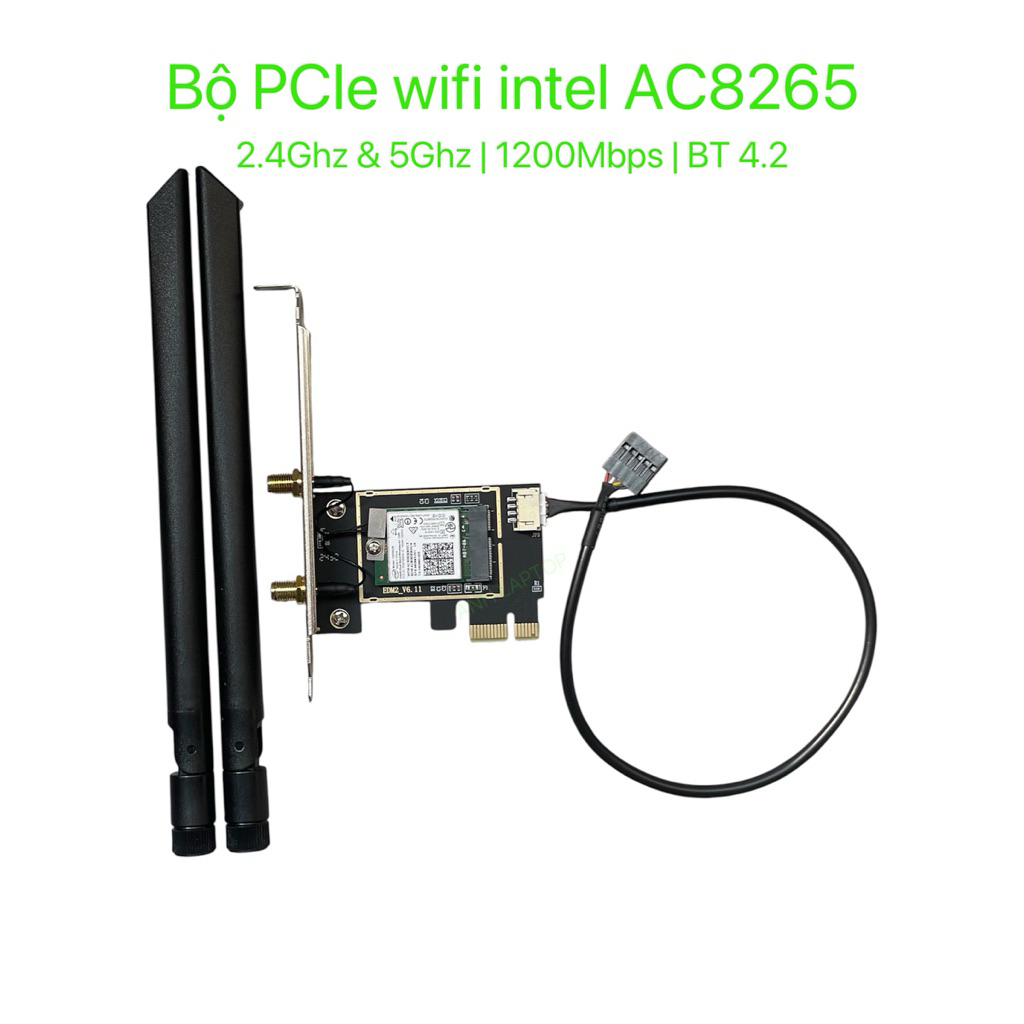 Card PCIe wifi 5 intel AC8265. Băng tần 2.4 & 5Ghz, tốc độ 1200Mbps, tích hợp bluetooth 4.2 lắp cho 