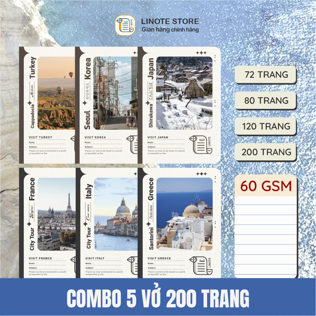 LINOTE [Combo 5 quyển] Vở kẻ ngang 200 trang, phong cảnh Thế Giới TRAVEL, giấy 60gsm, KT 17,5x25cm, vở ghi chép học sinh