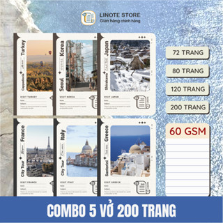 LINOTE [Combo 5 quyển] Vở kẻ ngang 200 trang, phong cảnh Thế Giới TRAVEL, giấy 60gsm, KT 17,5x25cm, vở ghi chép học sinh