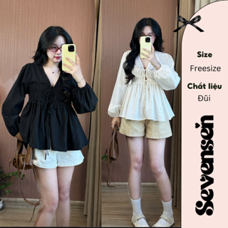  Áo Babydoll Nữ Dáng Xòe Cổ V Đáng Yêu Tay Bồng Nhún Eo Chuẩn Nàng Thơ Sevensen Aobabydoll02 